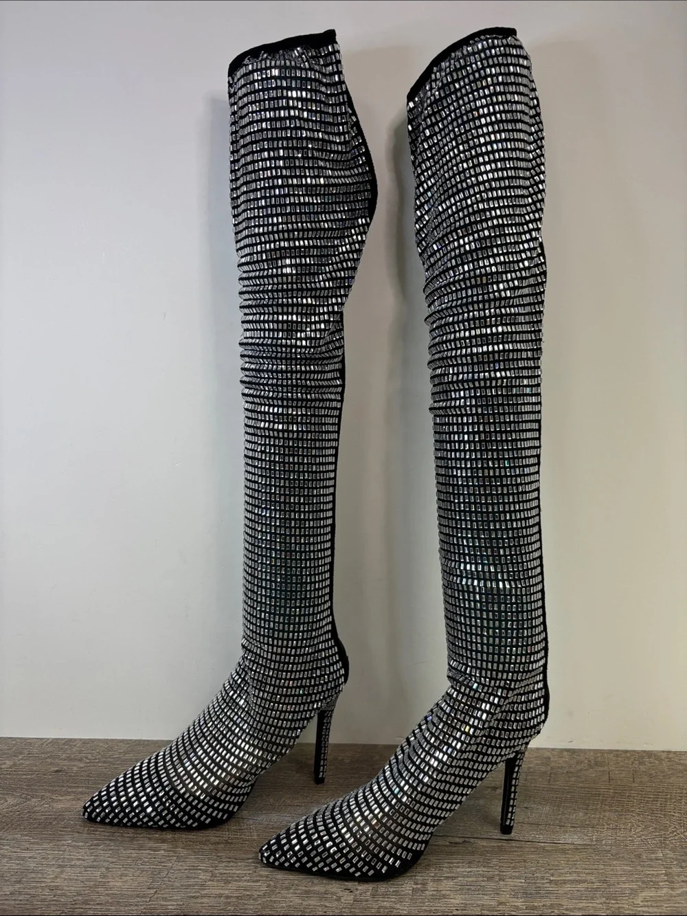Fashion Nova Under The Disco Ball Over The Knee Rhinestone Boots Black Size 8.5